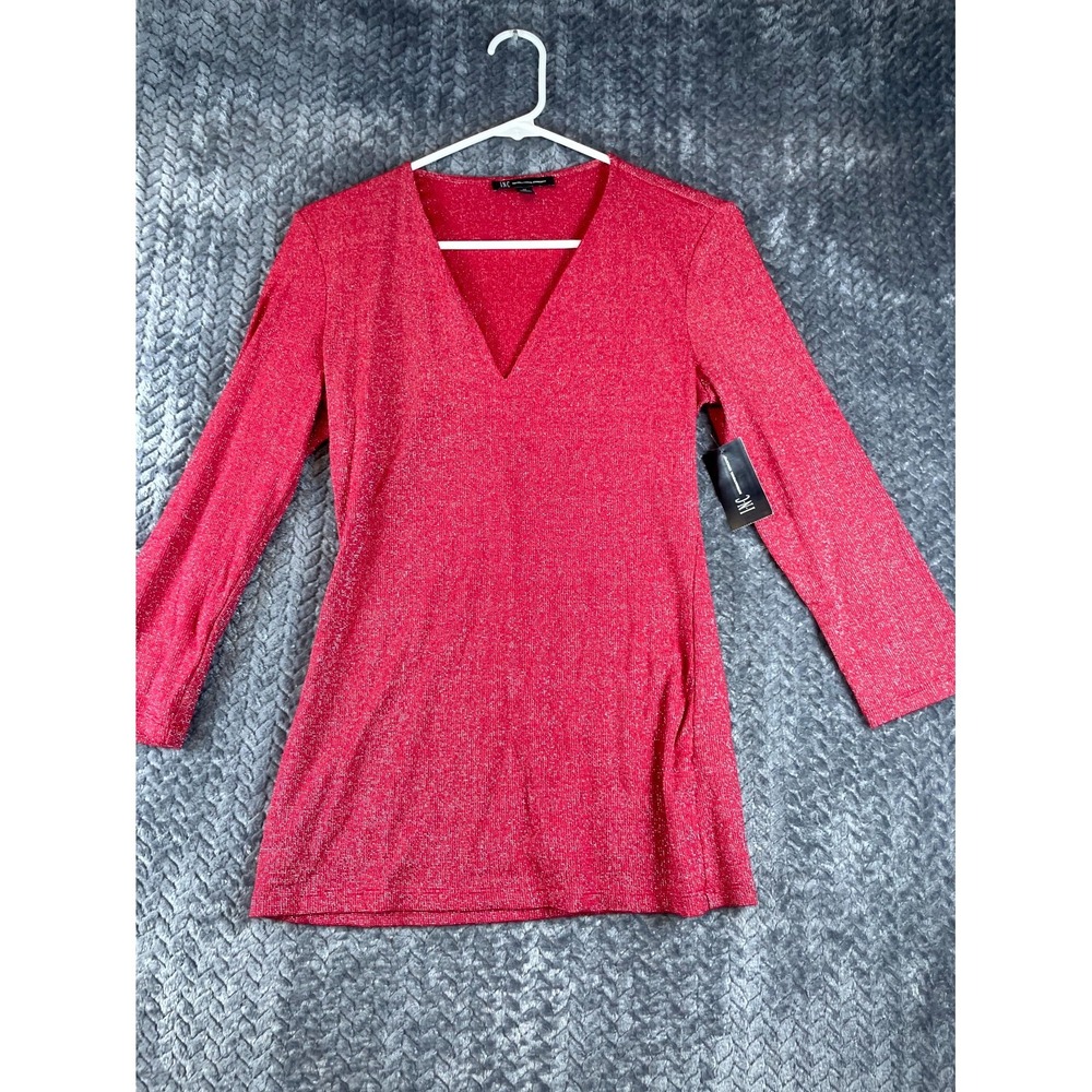 INC International Concepts Shimmering Ribbed 3/4 Sleeve Top Womens Medium Red